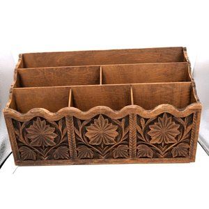 Vintage Lerner Carved Faux Wood Letter Holder Desk Organizer Asian Inspired
